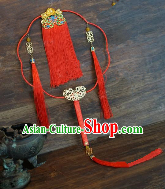 Top Grade Chinese Handmade Palace Fans Ancient Wedding Red Tassel Round Fans for Women