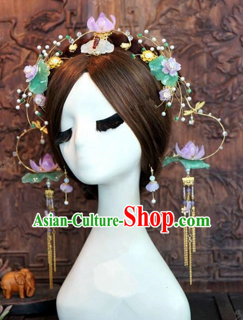 Chinese Handmade Ancient Lotus Phoenix Coronet Wedding Hair Accessories Hairpins Complete Set for Women