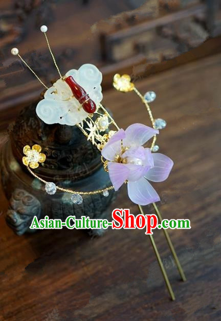 Chinese Handmade Ancient Hair Accessories Ancient Hanfu Jade Butterfly Lotus Hairpins for Women