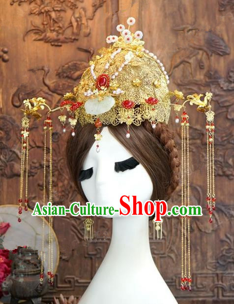 Chinese Handmade Wedding Hair Accessories Ancient Bride Jade Phoenix Coronet Tassel Hairpins Complete Set for Women