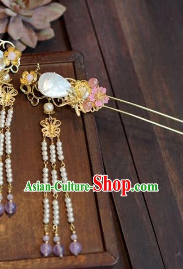 Chinese Handmade Ancient Hair Accessories Ancient Hanfu Shell Tassel Hairpins for Women