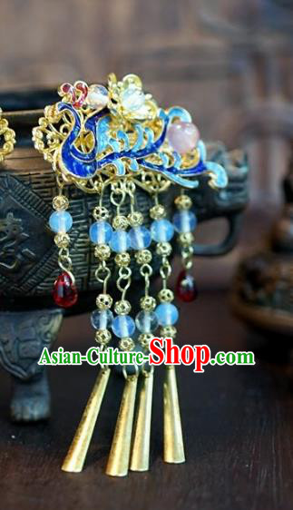 Chinese Handmade Ancient Hair Accessories Ancient Hanfu Blueing Phoenix Hairpins for Women