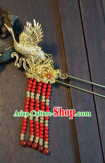 Chinese Handmade Ancient Hair Accessories Ancient Hanfu Red Beads Tassel Crane Hairpins for Women