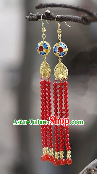 Chinese Handmade Ancient Bride Red Beads Tassel Earrings Jewelry Accessories for Women