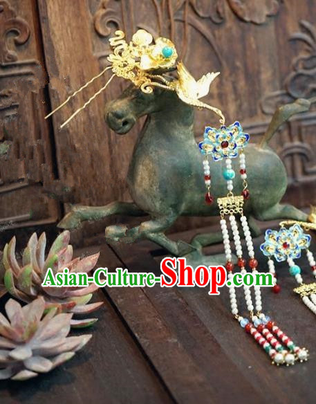 Chinese Handmade Ancient Hair Accessories Ancient Hanfu Cloisonne Lotus Tassel Hairpins for Women