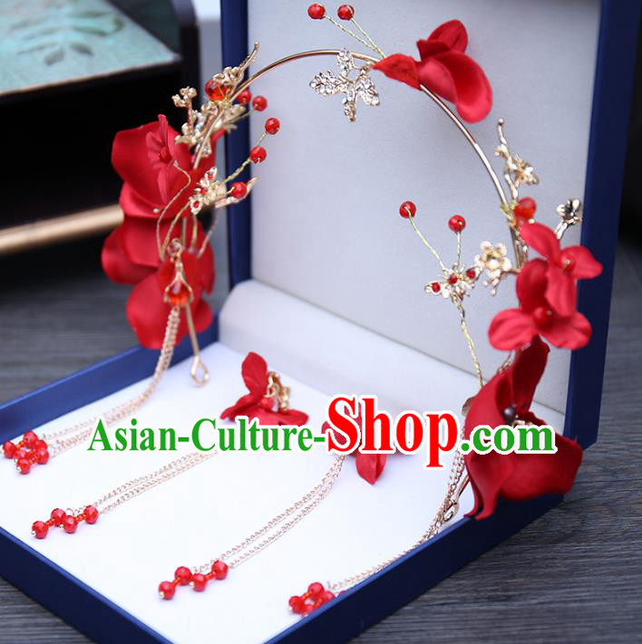 Top Grade Handmade Hair Accessories Bride Red Flowers Hair Clasp for Women