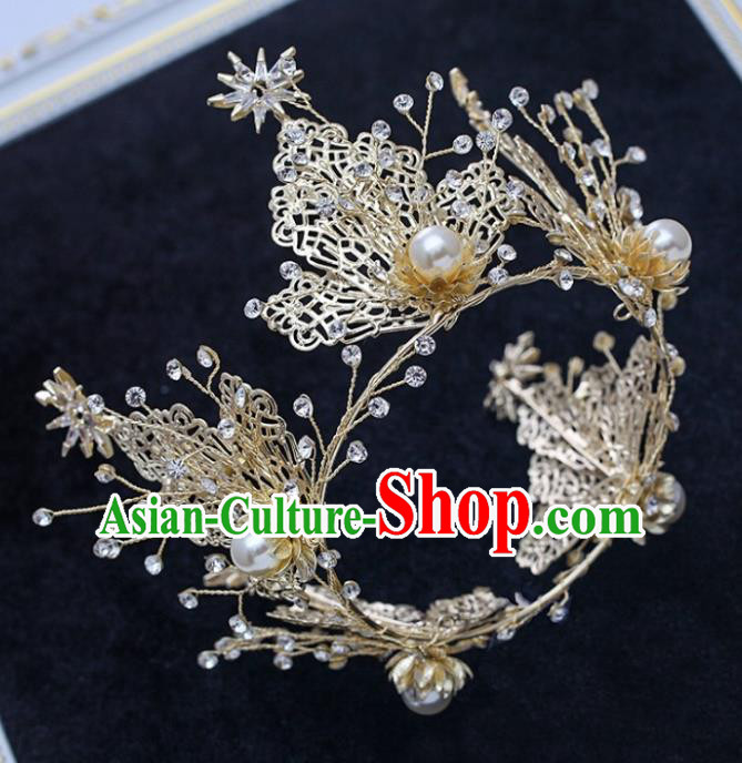 Handmade Baroque Bride Golden Round Royal Crown Wedding Hair Jewelry Accessories for Women