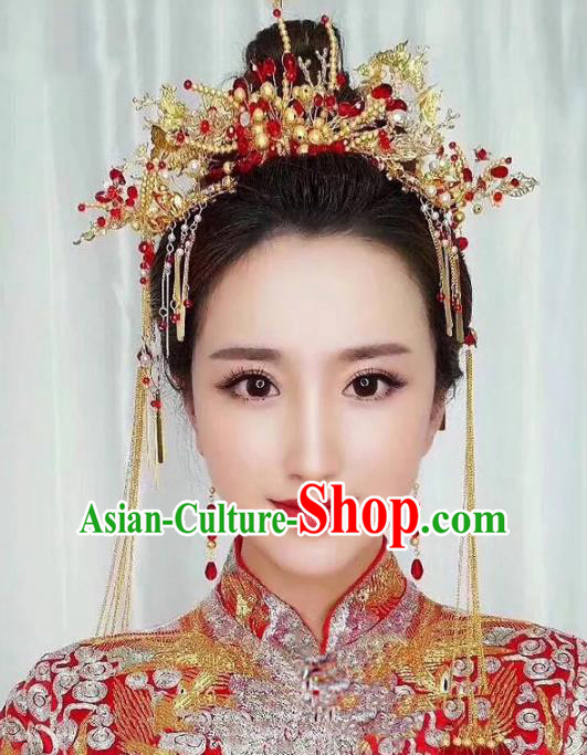 Chinese Ancient Handmade Xiuhe Suit Golden Phoenix Coronet Hairpins Hair Accessories for Women