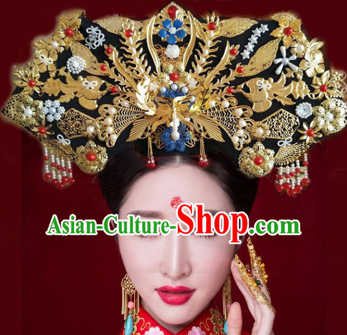 Chinese Ancient Bride Phoenix Coronet Qing Dynasty Palace Lady Handmade Hairpins Hair Accessories for Women