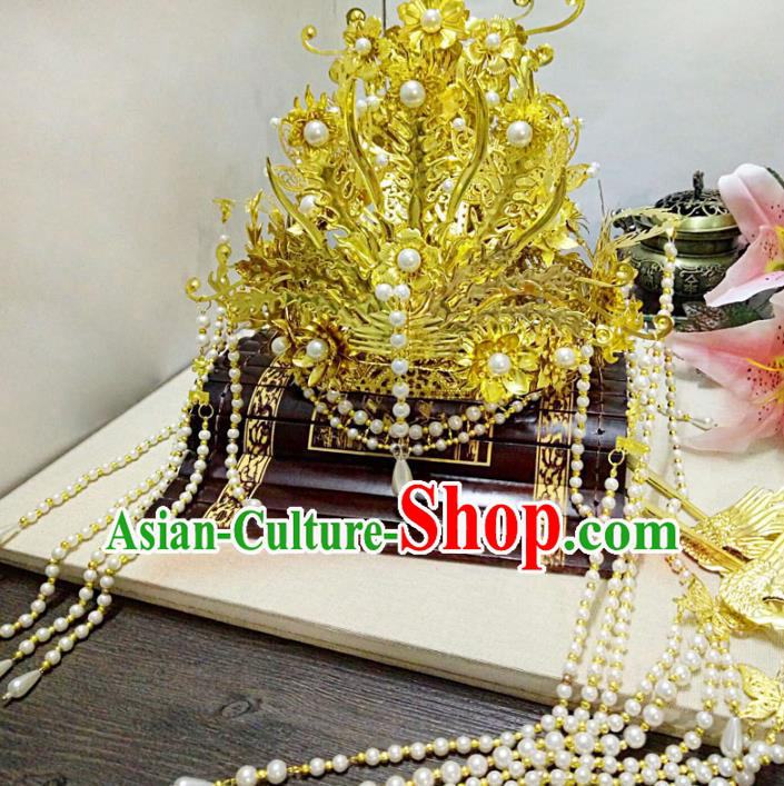 Chinese Ancient Handmade Golden Phoenix Coronet Hairpins Queen Hair Accessories Step Shake Complete Set for Women