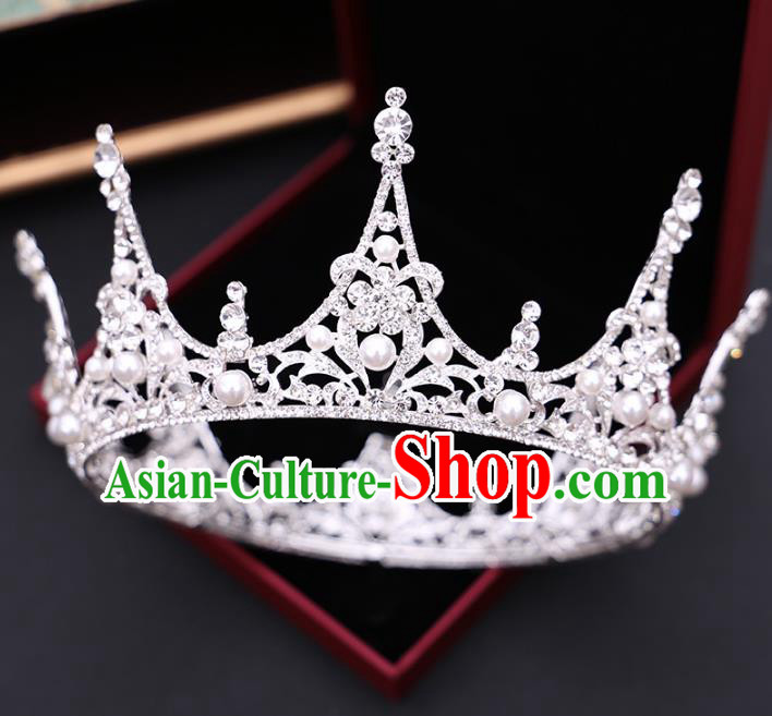 Handmade Baroque Bride Zircon Pearls Royal Crown and Earrings Wedding Queen Hair Jewelry Accessories for Women