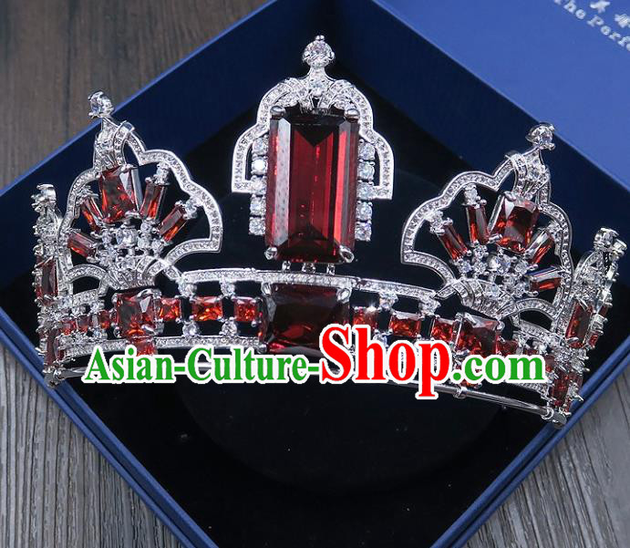 Handmade Baroque Bride Baroque Red Crystal Royal Crown Wedding Queen Hair Jewelry Accessories for Women