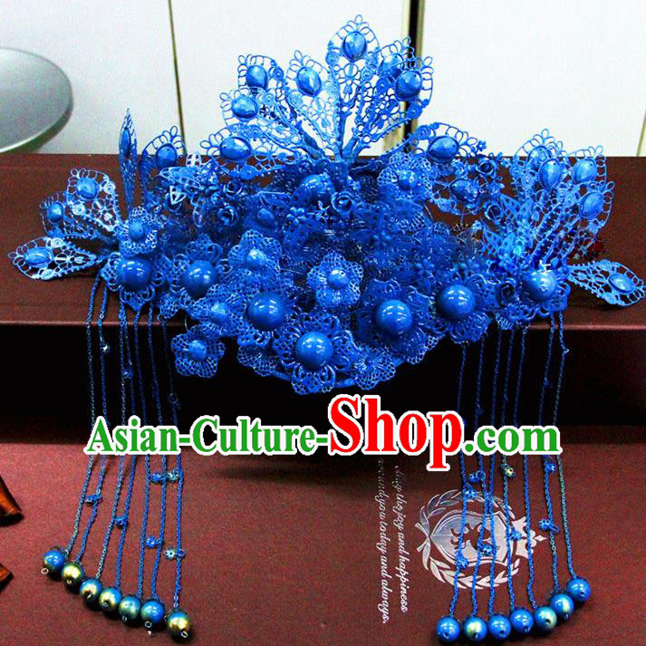 Chinese Ancient Handmade Empress Blue Phoenix Coronet Bride Hair Accessories Headwear for Women