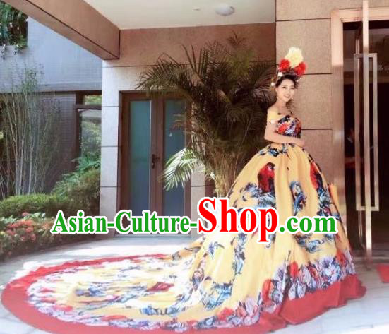 Top Grade Catwalks Costume Stage Performance Model Show Yellow Trailing Dress for Women