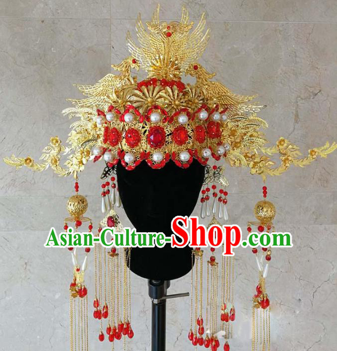 Chinese Ancient Handmade Red Crystal Phoenix Coronet Bride Hair Accessories Headwear for Women