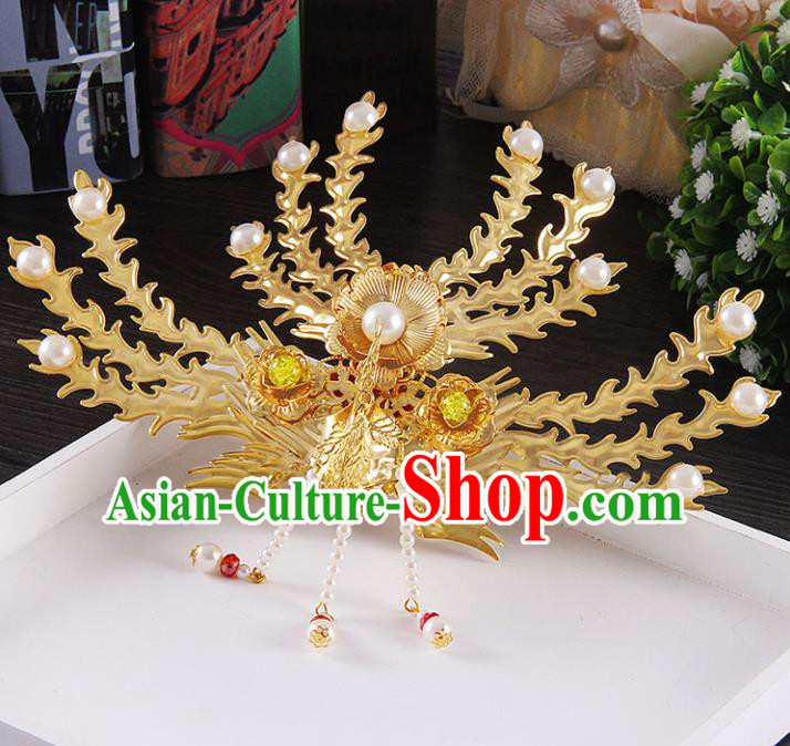 Chinese Ancient Handmade Golden Phoenix Tassel Hairpins Bride Hair Accessories Headwear for Women