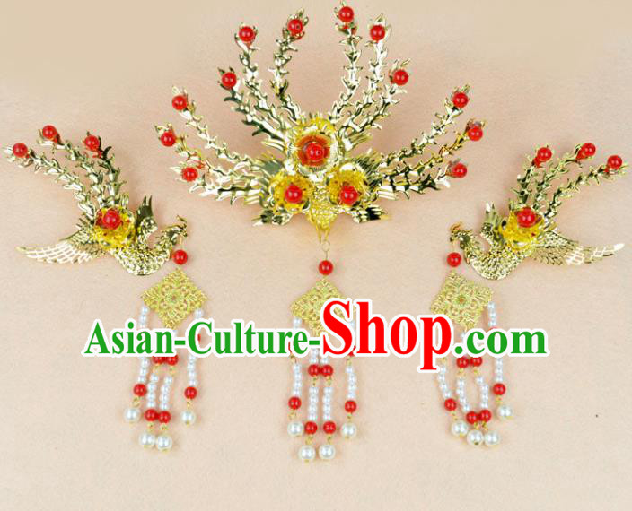 Chinese Ancient Handmade Golden Step Shake Phoenix Hairpins Bride Hair Accessories Headwear for Women