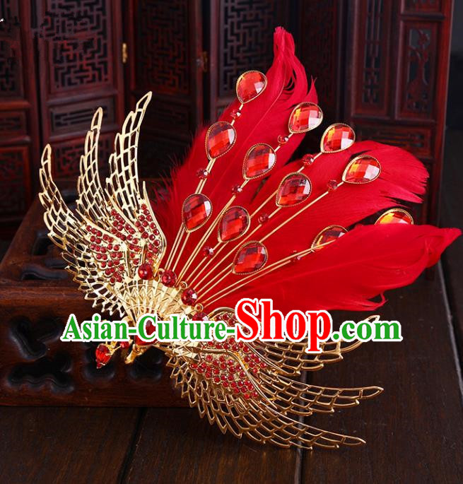 Chinese Ancient Handmade Red Feather Phoenix Hair Comb Hairpins Bride Hair Accessories Headwear for Women