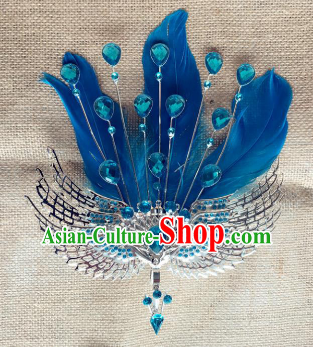 Chinese Ancient Handmade Blue Feather Phoenix Hair Comb Hairpins Bride Hair Accessories Headwear for Women