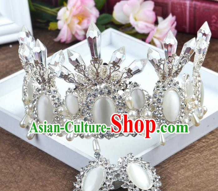 Handmade Baroque Queen White Crystal Royal Crown Wedding Bride Hair Jewelry Accessories for Women