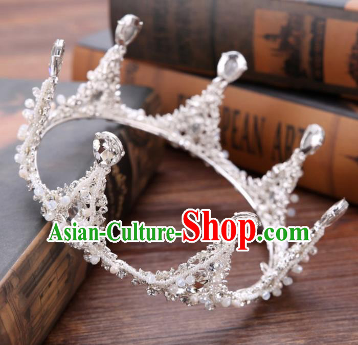 Handmade Baroque Queen Crystal Beads Round Royal Crown Wedding Bride Hair Jewelry Accessories for Women