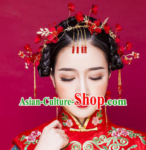 Chinese Ancient Handmade Red Flowers Hair Clasp Hairpins Bride Hair Accessories Headwear for Women