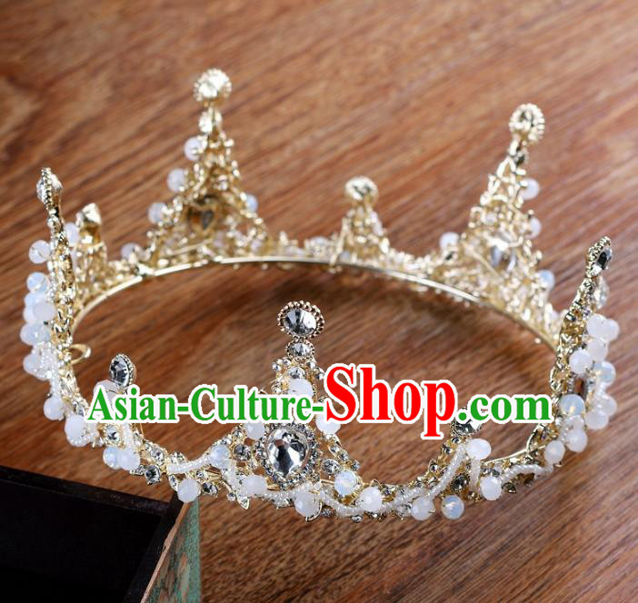 Handmade Baroque Queen Crystal Beads Round Royal Crown Wedding Bride Hair Jewelry Accessories for Women