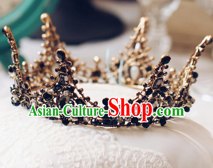 Handmade Wedding Baroque Queen Black Round Royal Crown Bride Hair Jewelry Accessories for Women