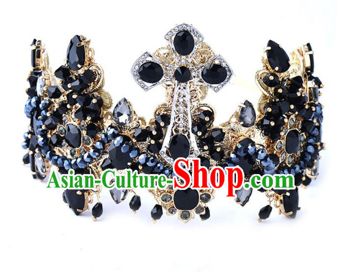 Handmade Baroque Bride Baroque Black Royal Crown Wedding Queen Hair Jewelry Accessories for Women