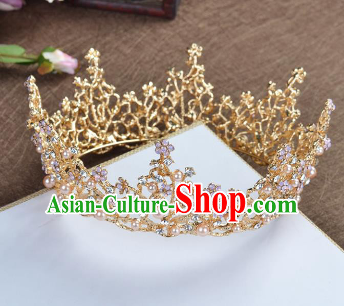 Top Grade Handmade Baroque Bride Golden Round Royal Crown Wedding Hair Jewelry Accessories for Women