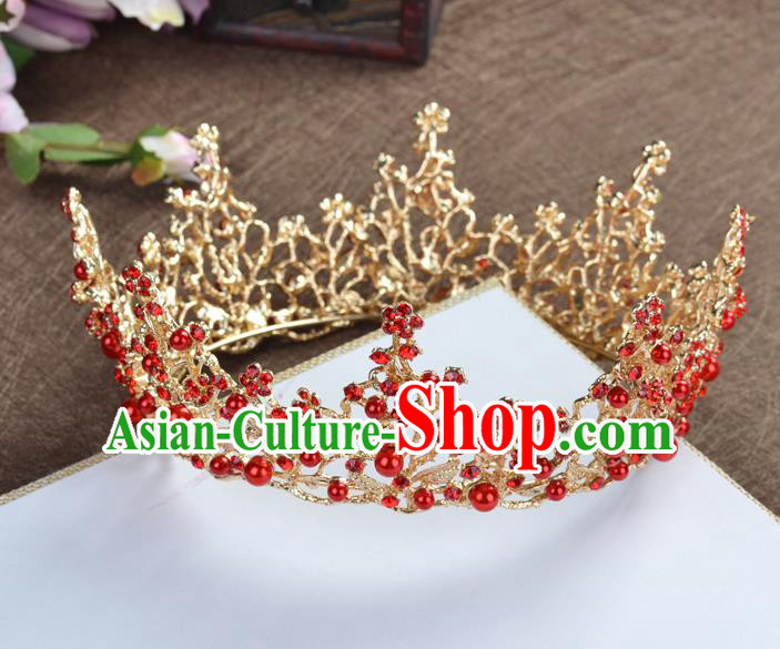 Top Grade Handmade Baroque Bride Red Round Royal Crown Wedding Hair Jewelry Accessories for Women
