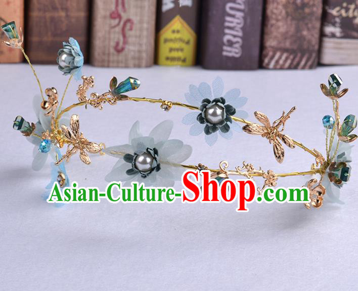 Handmade Baroque Bride Blue Flowers Dragonfly Hair Clasp Wedding Hair Jewelry Accessories for Women