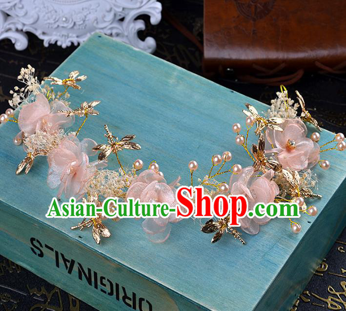 Handmade Baroque Bride Pink Flowers Dragonfly Hair Clasp Wedding Hair Jewelry Accessories for Women