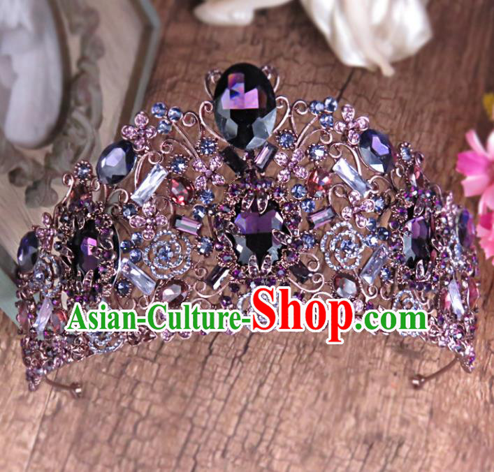 Top Grade Handmade Baroque Bride Purple Crystal Royal Crown Wedding Hair Jewelry Accessories for Women