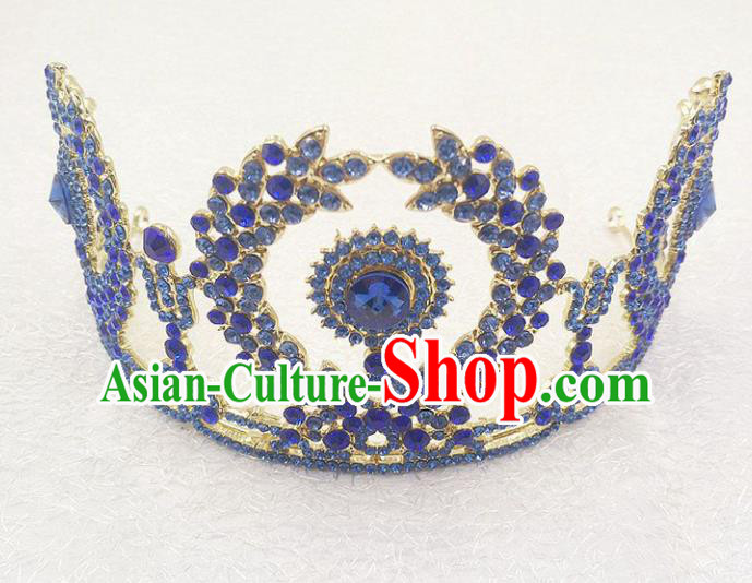 Top Grade Handmade Baroque Blue Crystal Royal Crown Wedding Bride Hair Jewelry Accessories for Women