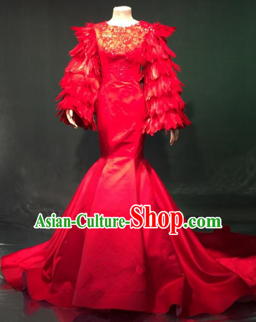 Top Grade Catwalks Costume Stage Performance Model Show Red Feather Trailing Dress for Women
