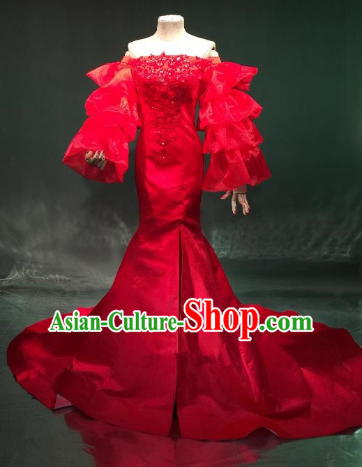 Top Grade Catwalks Costume Stage Performance Model Show Red Trailing Dress for Women