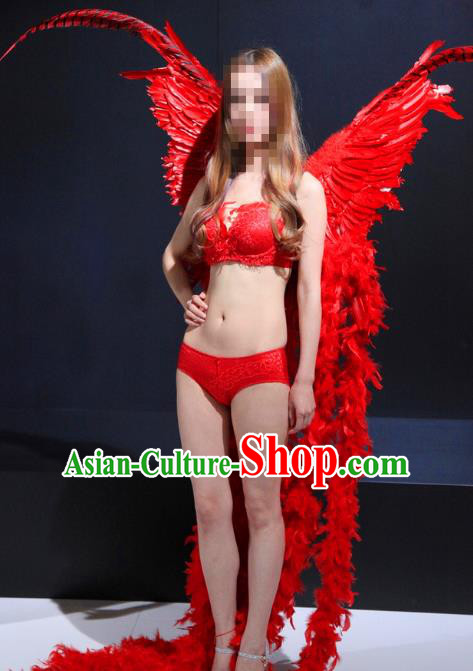 Top Grade Catwalks Swimsuit Red Feather Butterfly Wing Stage Performance Customized Rio Carnival Feather Prop for Women