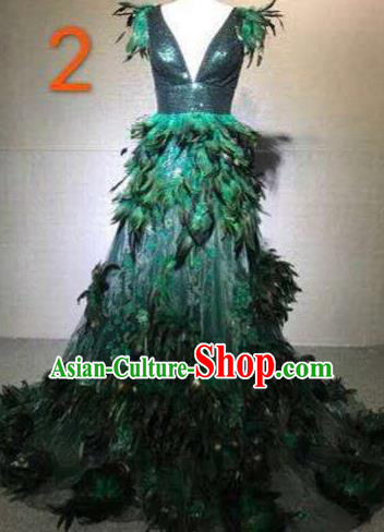 Top Grade Catwalks Costume Stage Performance Model Show Customized Green Feather Dress for Women
