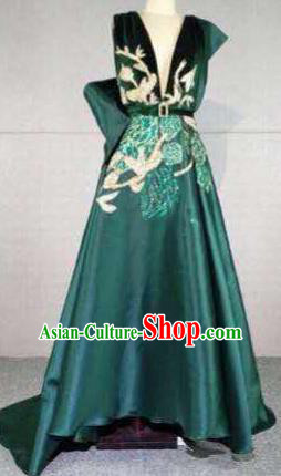 Top Grade Catwalks Customized Costume Green Silk Dress Stage Performance Model Show Clothing for Women