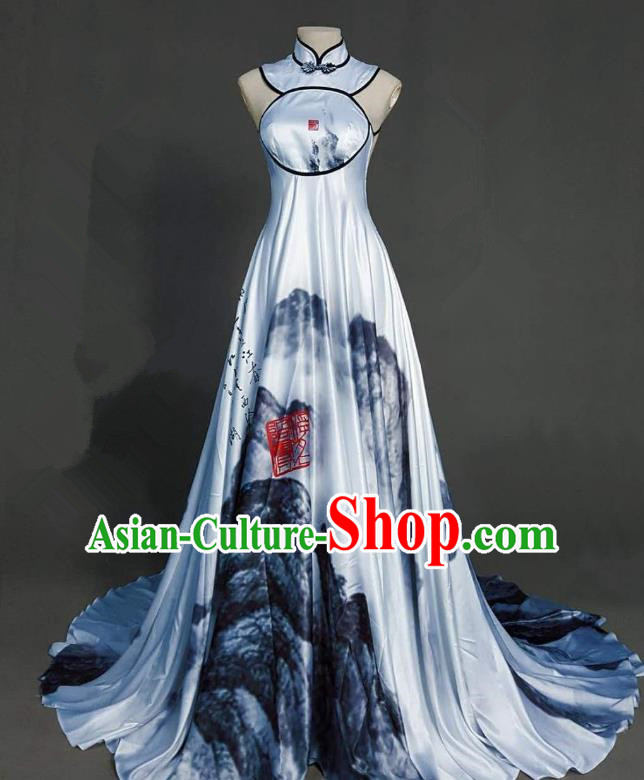 Top Grade Chinese Catwalks Customized Costume Model Show Printing Crane Cheongsam Full Dress for Women