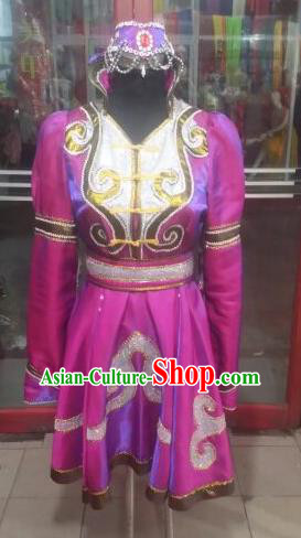 Chinese Traditional Folk Dance Costume Mongol Nationality Purple Dress for Women