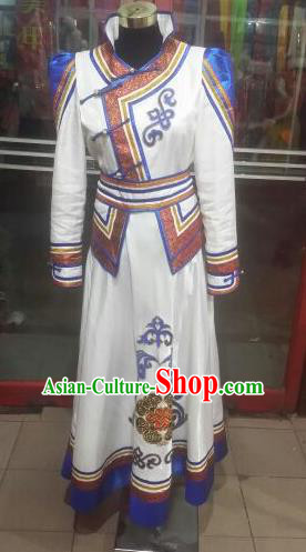 Chinese Traditional Folk Dance Costume Mongol Nationality White Dress for Women