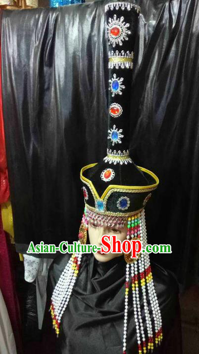Chinese Traditional Mongolian Princess Black Hats China Mongol Nationality Wedding Headwear for Women