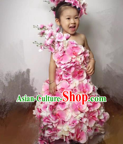 Top Grade Catwalks Costume Stage Performance Model Show Customized Pink Flowers Dress for Kids