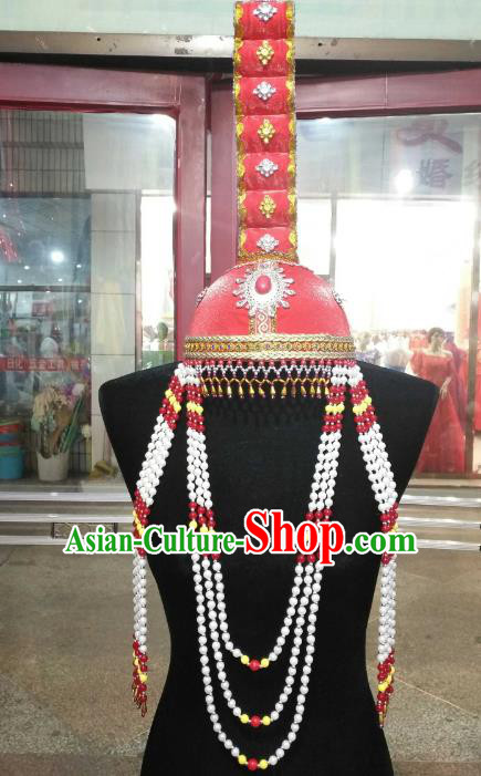 Chinese Traditional Mongolian Folk Dance Hats China Mongol Nationality Queen Beads Tassel Headwear for Women