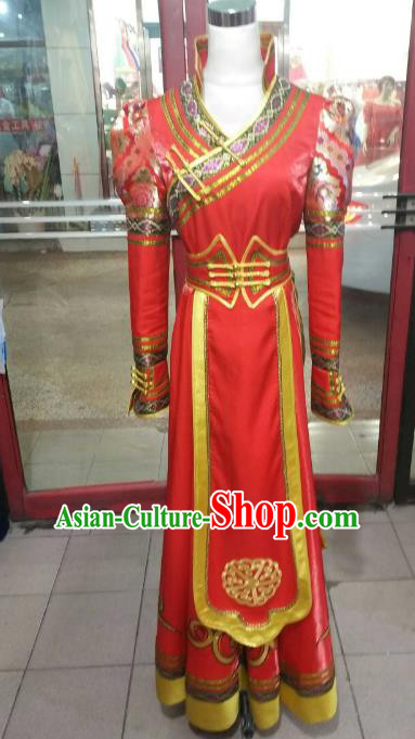 Chinese Traditional Mongolian Costume China Mongol Nationality Folk Dance Red Mongolian Robe for Women