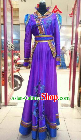 Chinese Traditional Mongolian Wedding Costume China Mongol Nationality Folk Dance Purple Dress for Women