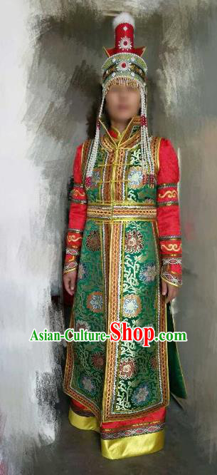 Chinese Traditional Mongolian Costume China Mongol Nationality Green Dress for Women