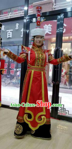 Chinese Traditional Mongolian Folk Dance Clothing China Mongol Nationality Bride Wedding Red Dress for Women